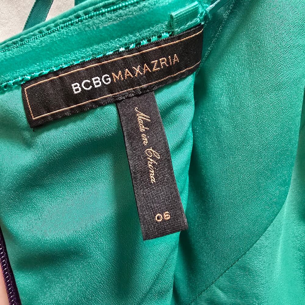 BCBGMaxazria Ultraviolet Strapless Tiered satin mini dress 6 green purple - Picture 2 of 13
